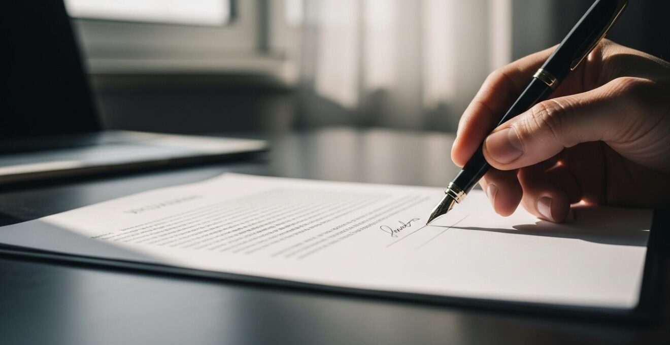Une main signant un document officiel représentant un acte de cession d'entreprise avec une ambiance sérieuse et professionnelle