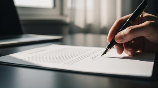 Une main signant un document officiel représentant un acte de cession d'entreprise avec une ambiance sérieuse et professionnelle