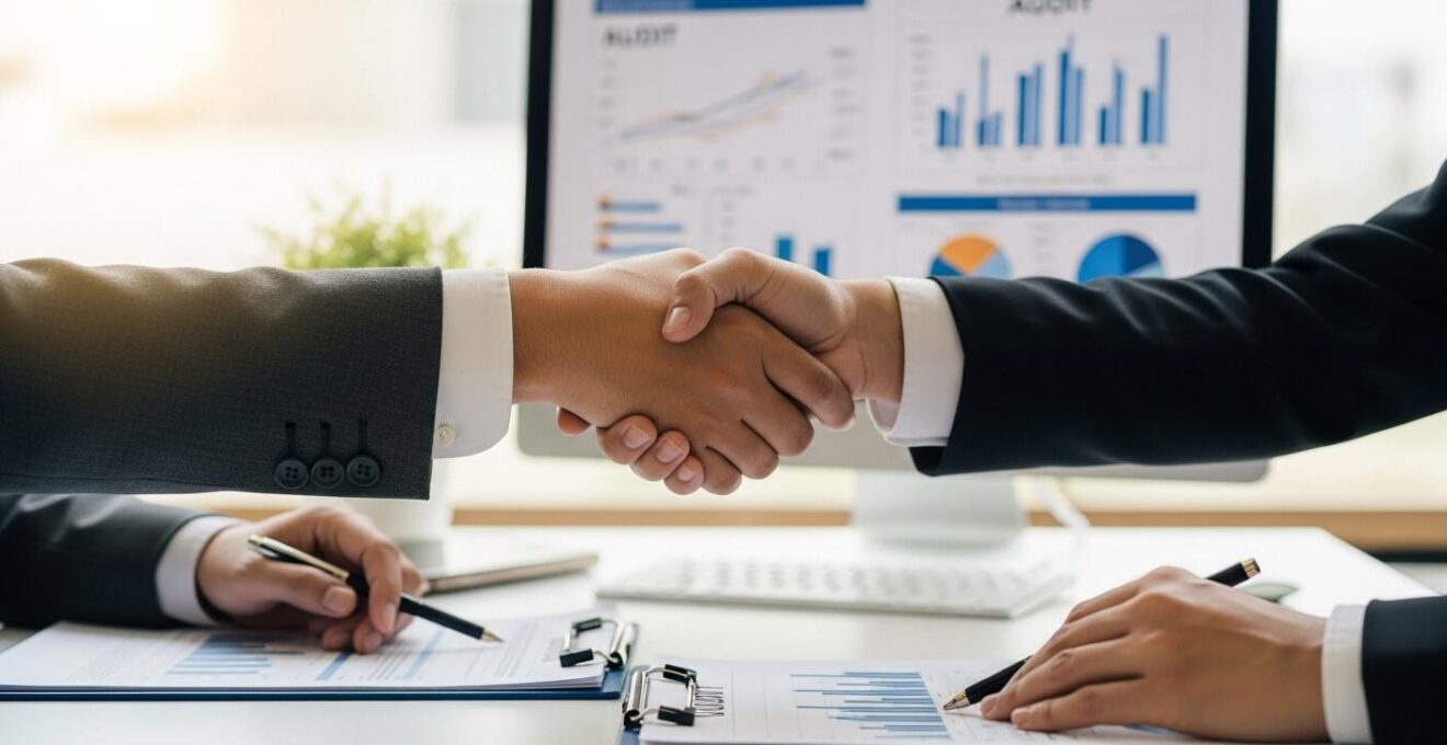 Une main d'expert serrant celle d'un repreneur dans un bureau moderne, avec en arrière-plan des documents d'audit et graphiques financiers