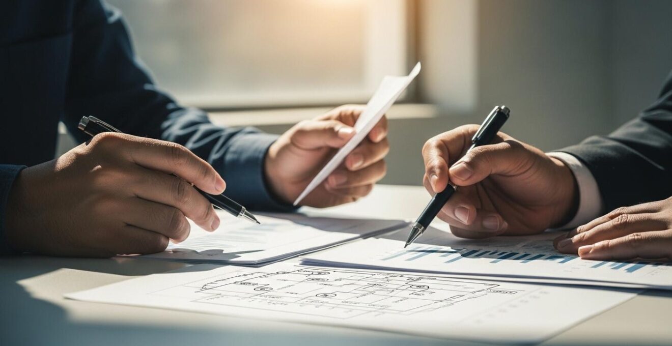 Analyse documentaire et mains d'experts évaluant discrètement la valeur d'une entreprise à reprendre.