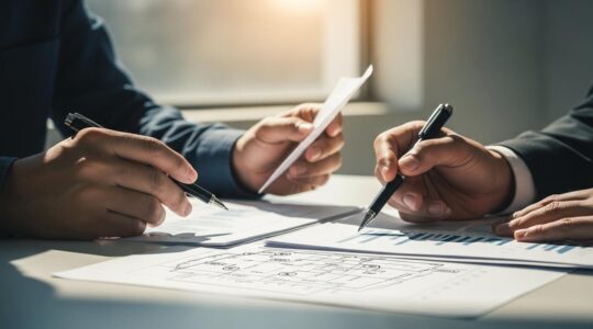 Analyse documentaire et mains d'experts évaluant discrètement la valeur d'une entreprise à reprendre.