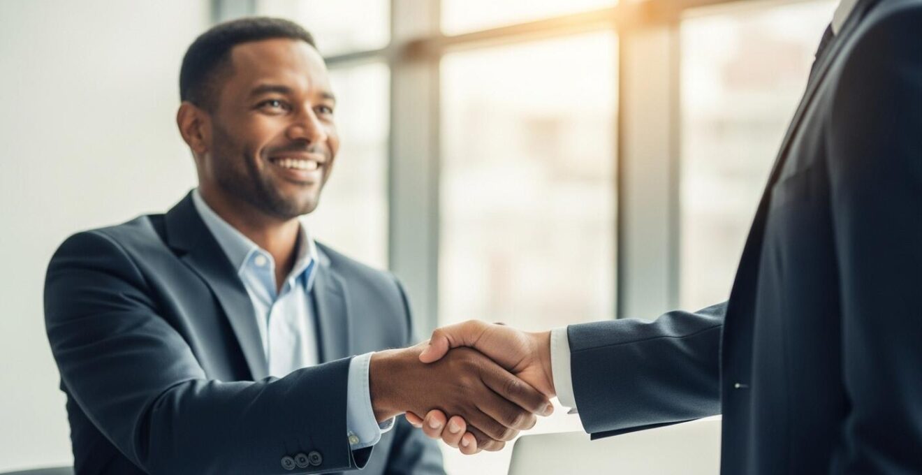 Un banquier et un entrepreneur en discussion dans un cadre professionnel moderne, symbolisant une négociation réussie de crédit bancaire.