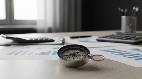 Photographie d'une boussole ancienne posée sur un bureau avec des documents d'entreprise