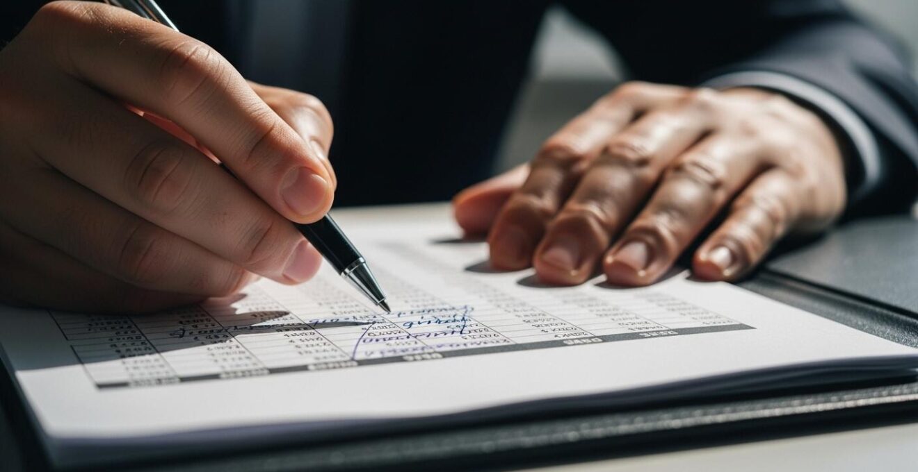 Photographie d’un dossier ouvert montrant un tableau financier avec des annotations, illustrant les chapitres spécifiques d’un business plan de reprise