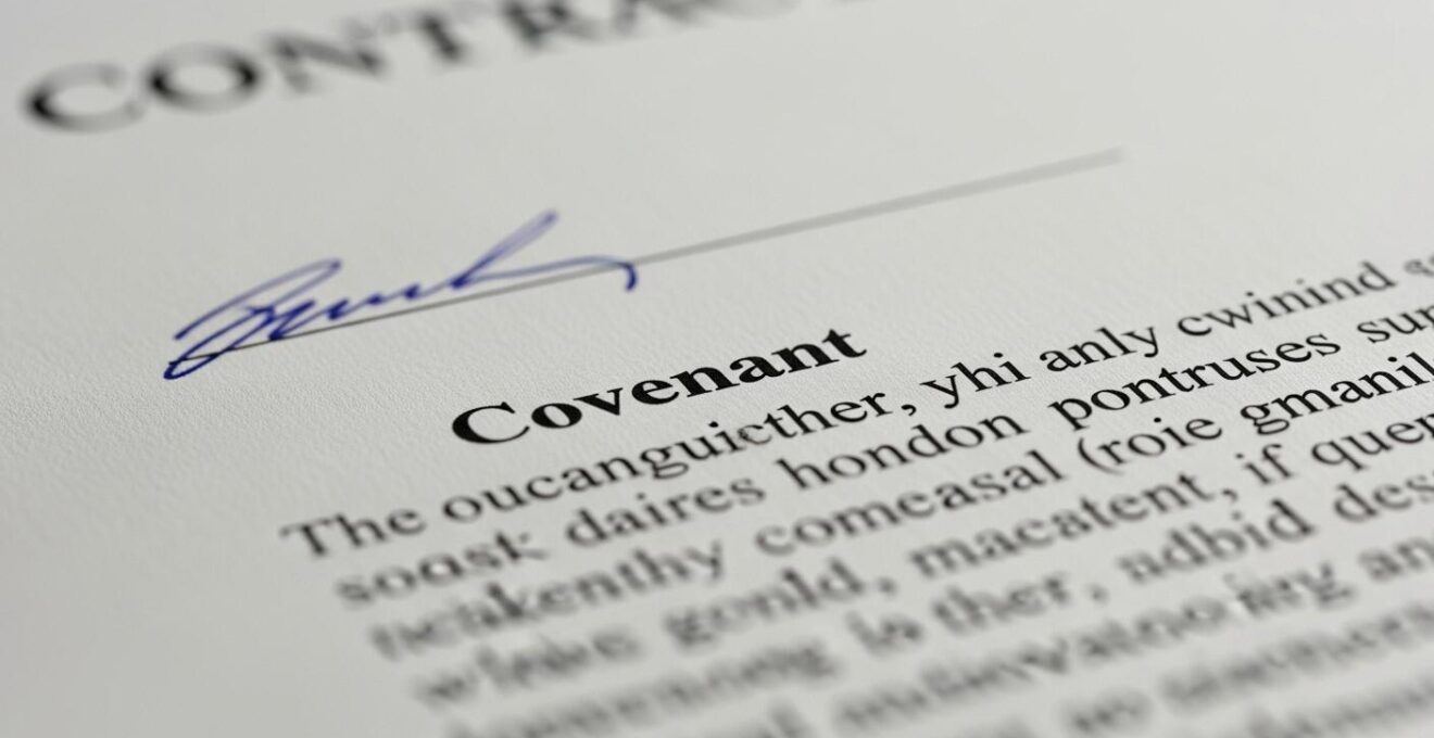 Photographie en macro d’un contrat bancaire avec un focus sur une clause mettant en exergue le terme « covenant » écrite en surbrillance.