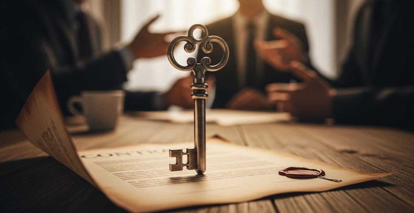 Illustration symbolique d'une clé verrouillant un contrat sur fond flou de négociation d'entreprise