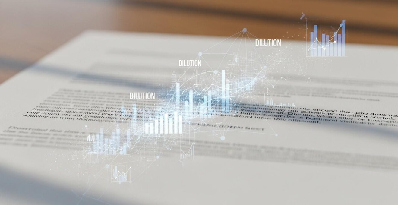 Document juridique avec des annotations métaphoriques montrant la dilution des actionnaires