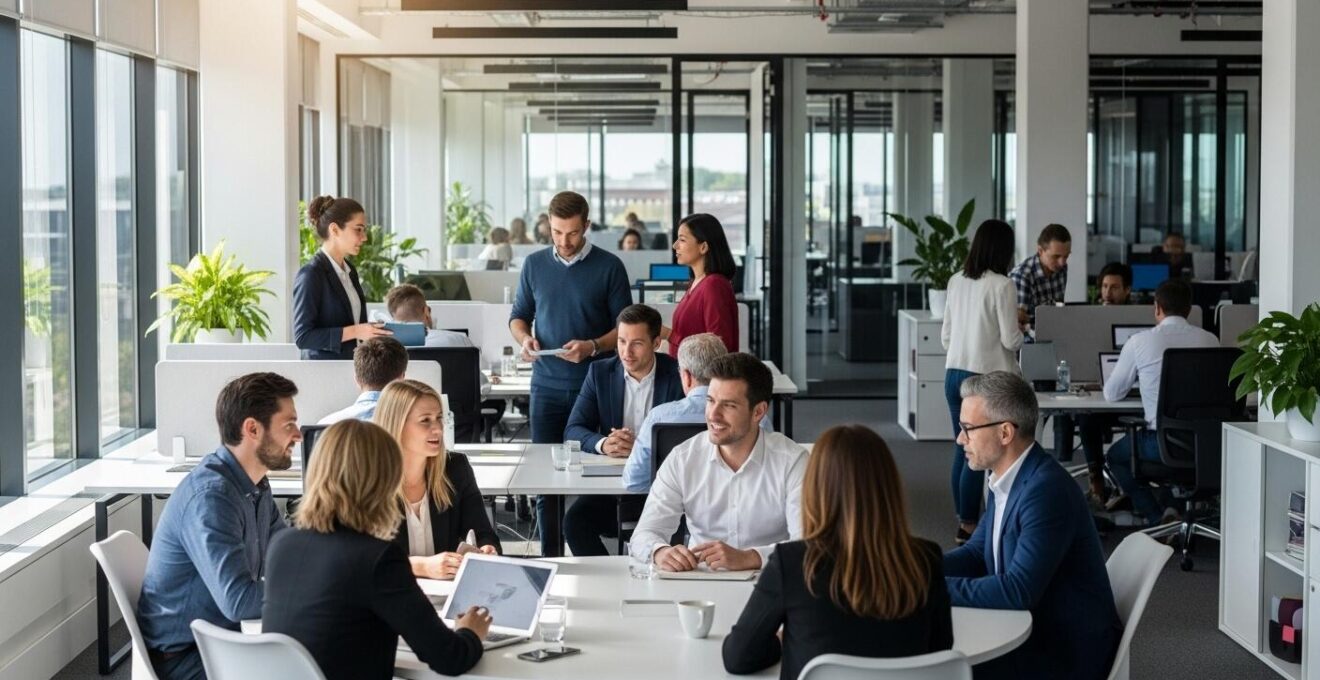 Vue immersive d'un espace de travail collaboratif en entreprise reflétant la communication interne, sans texte visible.