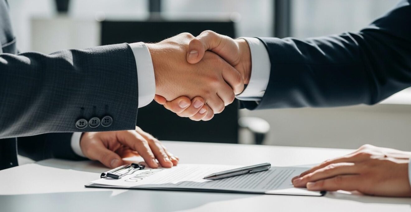 Deux mains se serrant au-dessus d’un contrat signé représentant une entente commerciale avec CGV