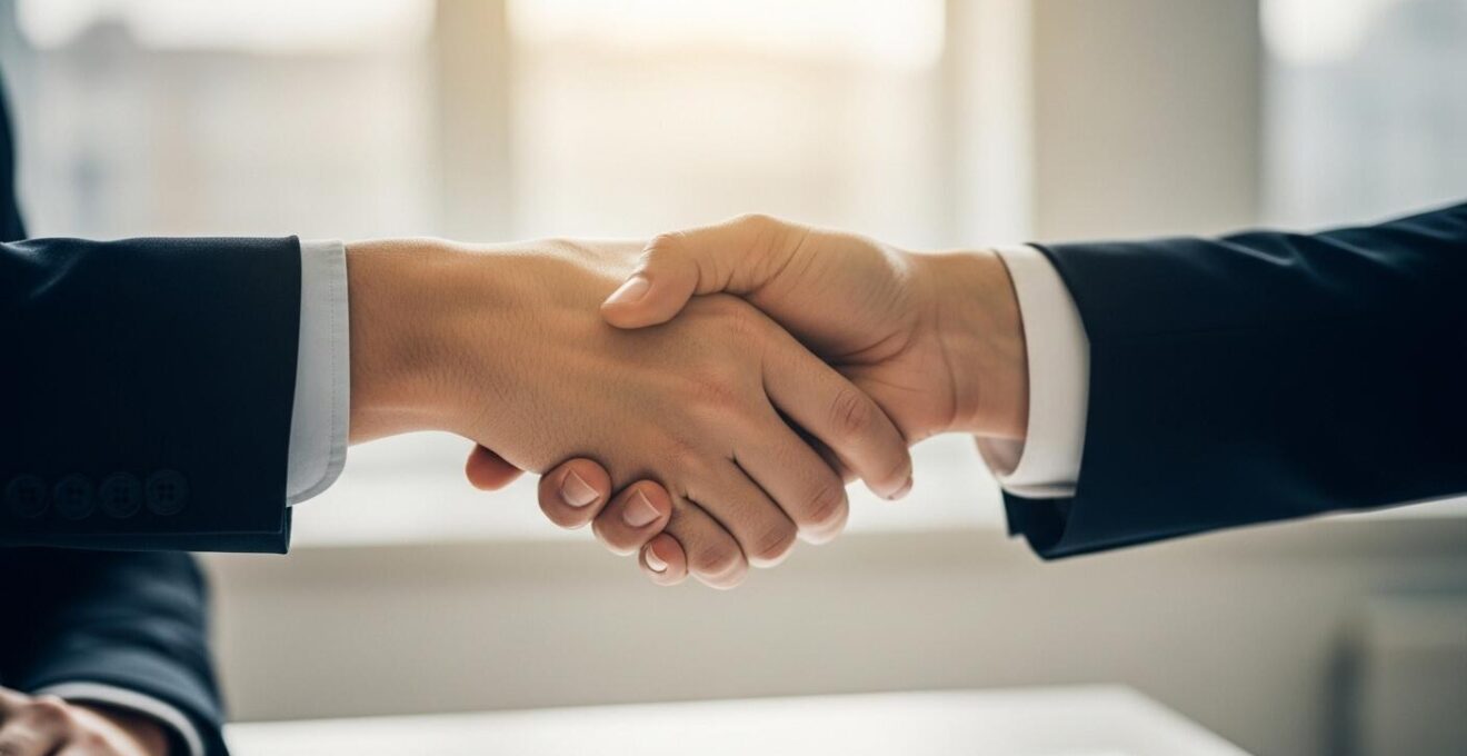 Deux mains serrées symbolisant la confiance entre un entrepreneur et un client lors d'une rencontre professionnelle, lumière naturelle, ambiance chaleureuse.