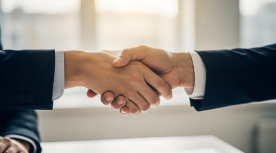 Deux mains serrées symbolisant la confiance entre un entrepreneur et un client lors d'une rencontre professionnelle, lumière naturelle, ambiance chaleureuse.
