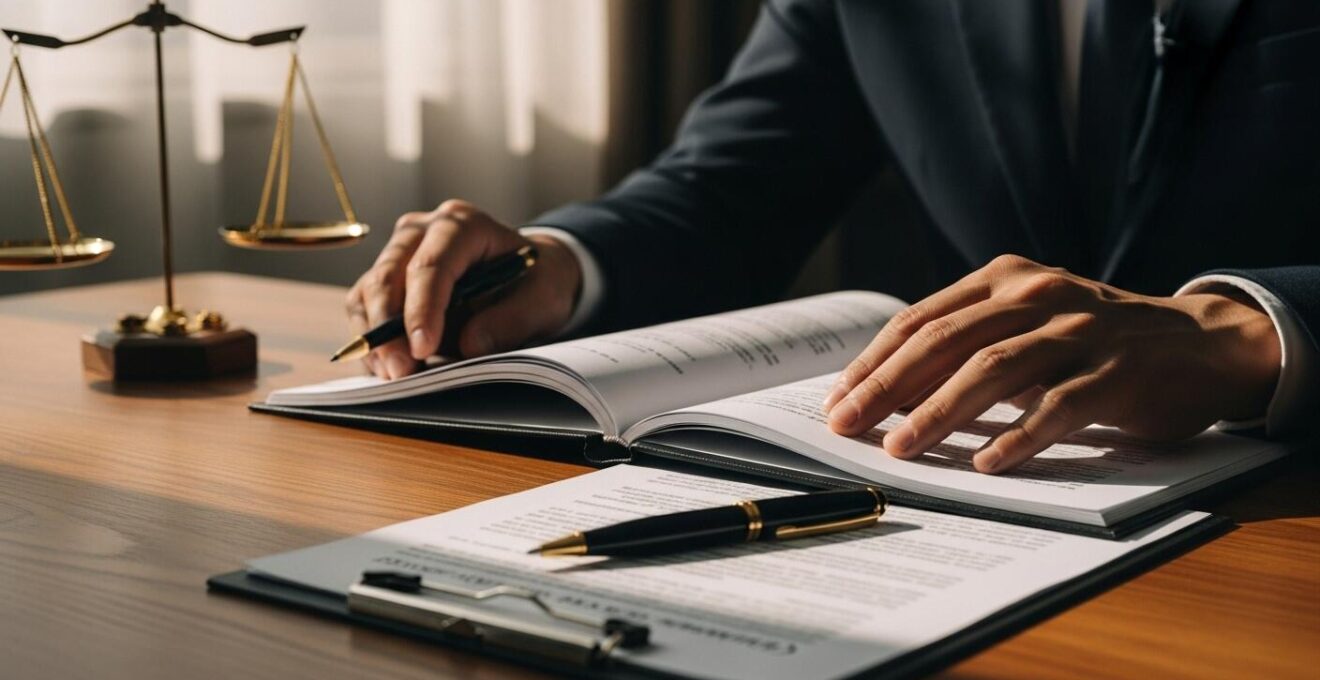 Photographie symbolique d'une table de travail avec des documents juridiques, un stylo élégant, et une balance de justice sous lumière naturelle douce.