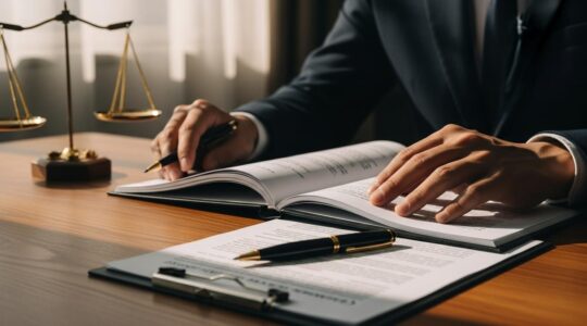 Photographie symbolique d'une table de travail avec des documents juridiques, un stylo élégant, et une balance de justice sous lumière naturelle douce.