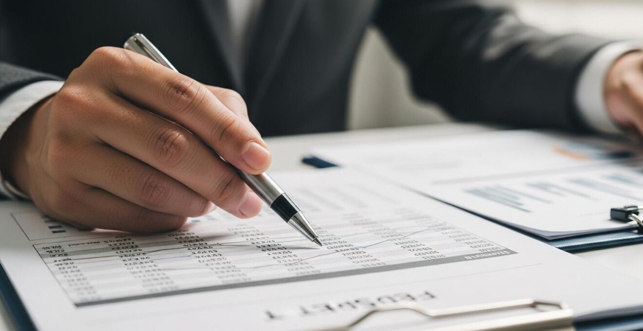 Photo rapprochée sur les mains d'un expert consultant des documents financiers complexes dans un bureau moderne.