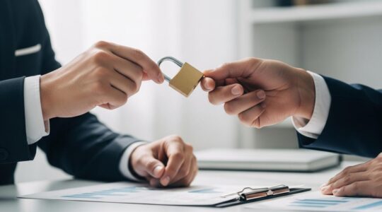 Une représentation symbolique de la négociation financière pour une reprise d'entreprise, avec un dirigeant convaincant un banquier