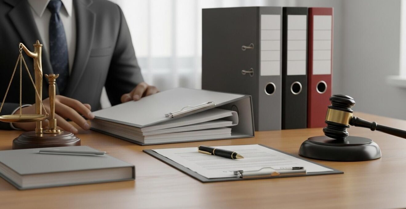 Photographie conceptuelle d’une table de réunion avec des documents légaux et un marteau de juge pour évoquer les bases juridiques d’une reprise