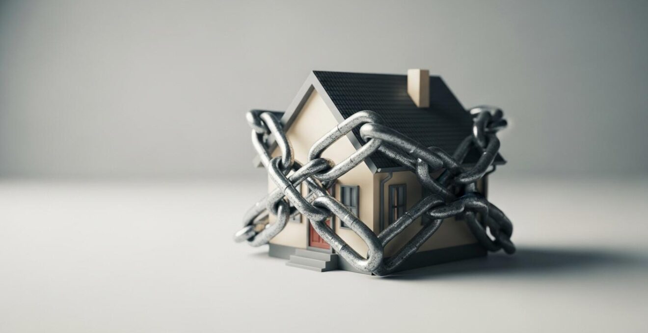 Représentation symbolique d'une maison entourée par une chaîne métallique illustrant la protection limitée du patrimoine personnel dans une garantie bancaire.