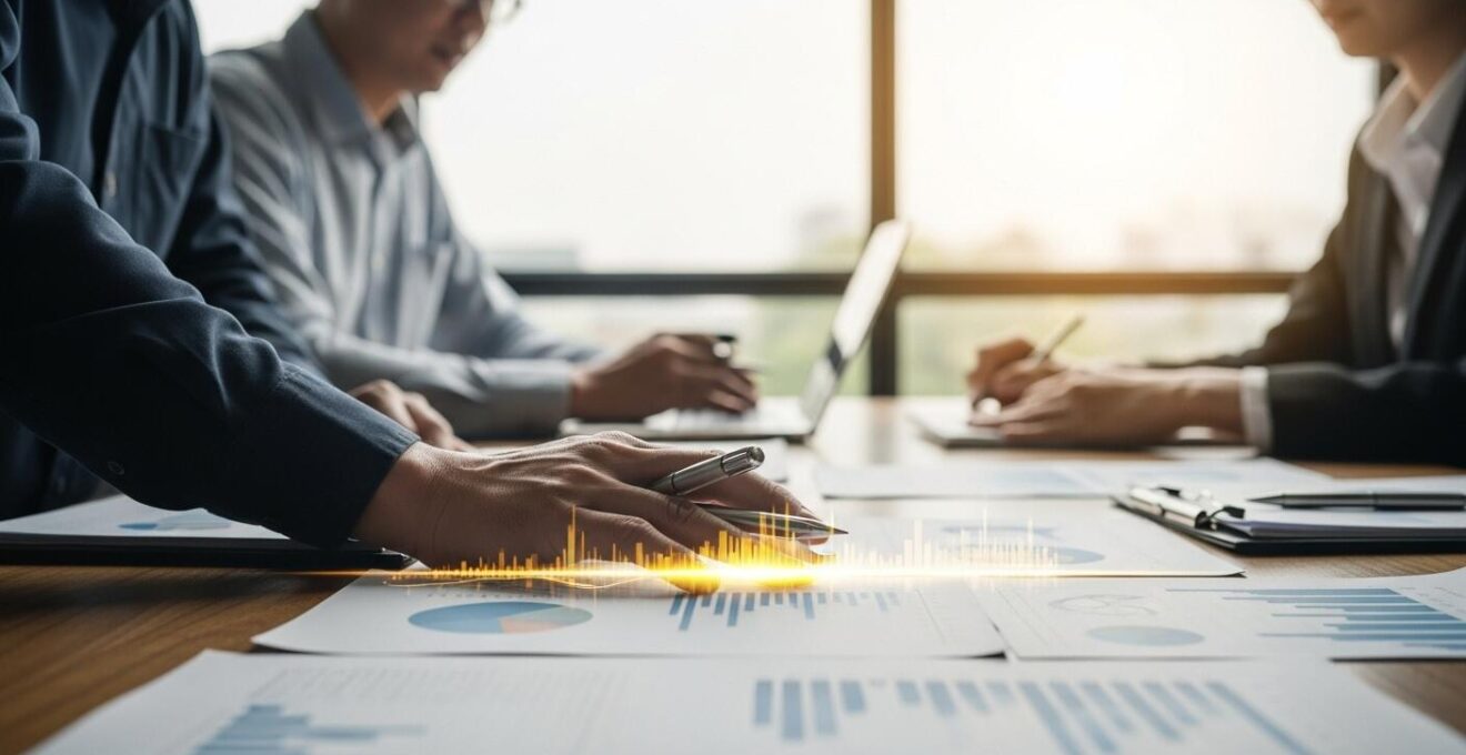Main posée sur un graphique financier lumineux au centre d'une table de réunion pour représenter l'impact humain de la gestion financière dans l'entreprise.