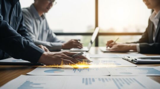 Main posée sur un graphique financier lumineux au centre d'une table de réunion pour représenter l'impact humain de la gestion financière dans l'entreprise.