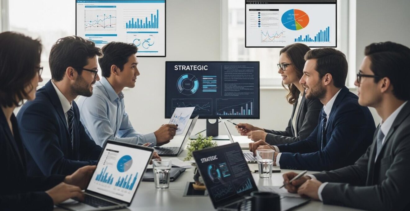 Une équipe diverse en réunion dans un bureau moderne discutant de stratégie de management et gestion de projet avec des graphiques et schémas visibles