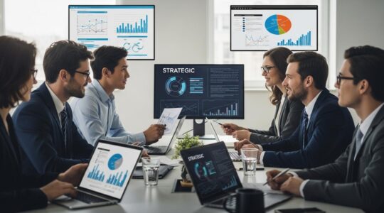 Une équipe diverse en réunion dans un bureau moderne discutant de stratégie de management et gestion de projet avec des graphiques et schémas visibles