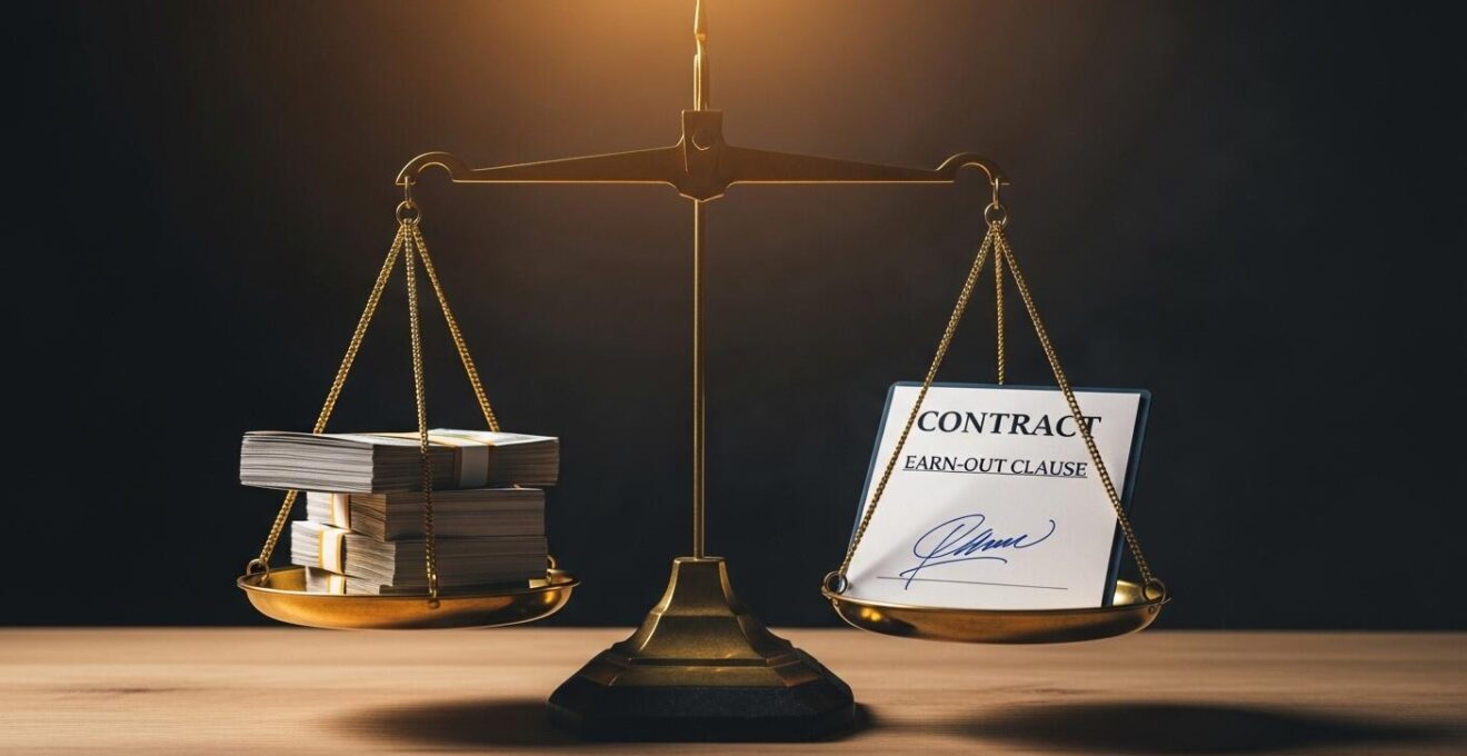 Illustration symbolique montrant une balance avec de l'argent d'un côté et des documents contractuels de l'autre
