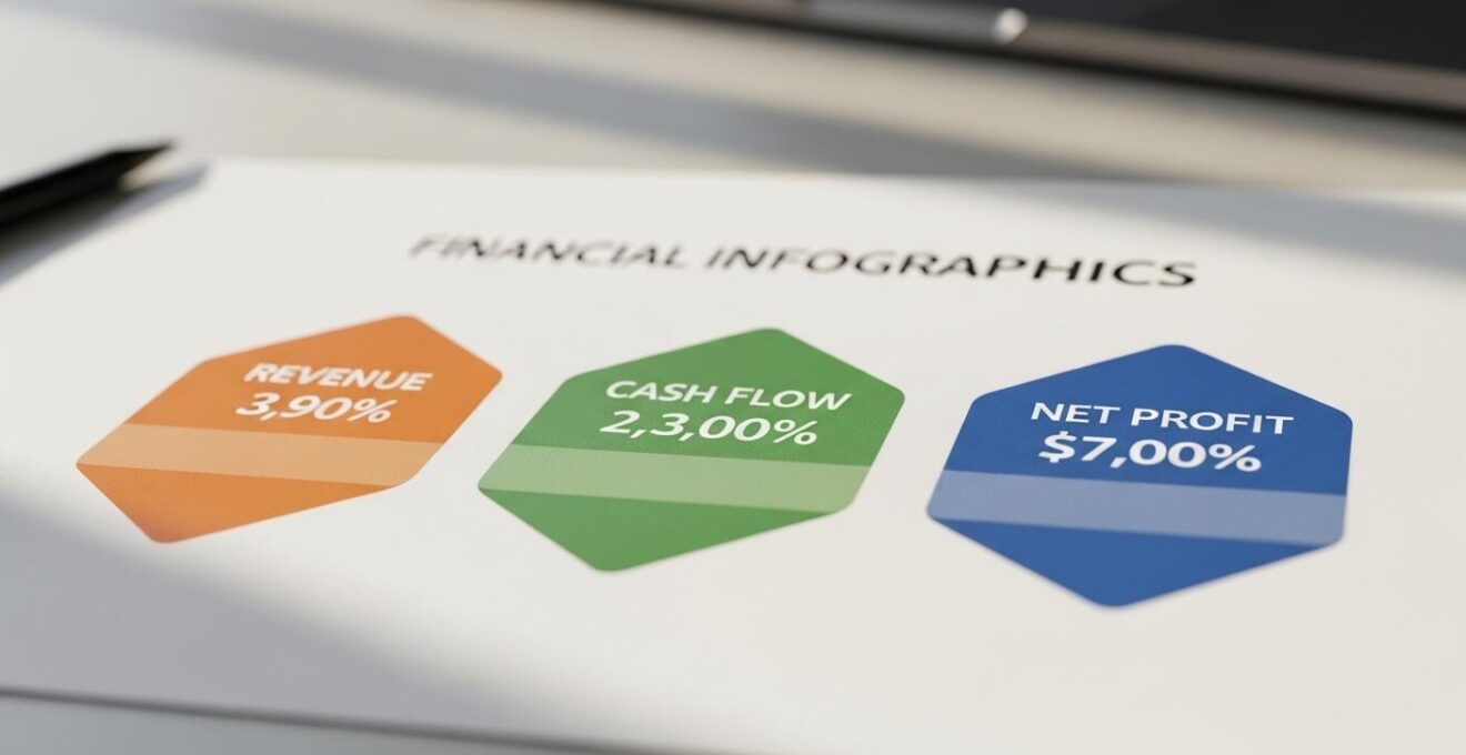 Infographie réaliste représentant les 3 chiffres clés financiers sous forme schématique