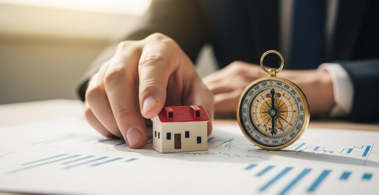 Une photographie symbolique représentant une main tenant une maquette d'entreprise avec une boussole pour symboliser la stratégie et la réussite.
