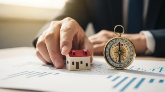 Une photographie symbolique représentant une main tenant une maquette d'entreprise avec une boussole pour symboliser la stratégie et la réussite.