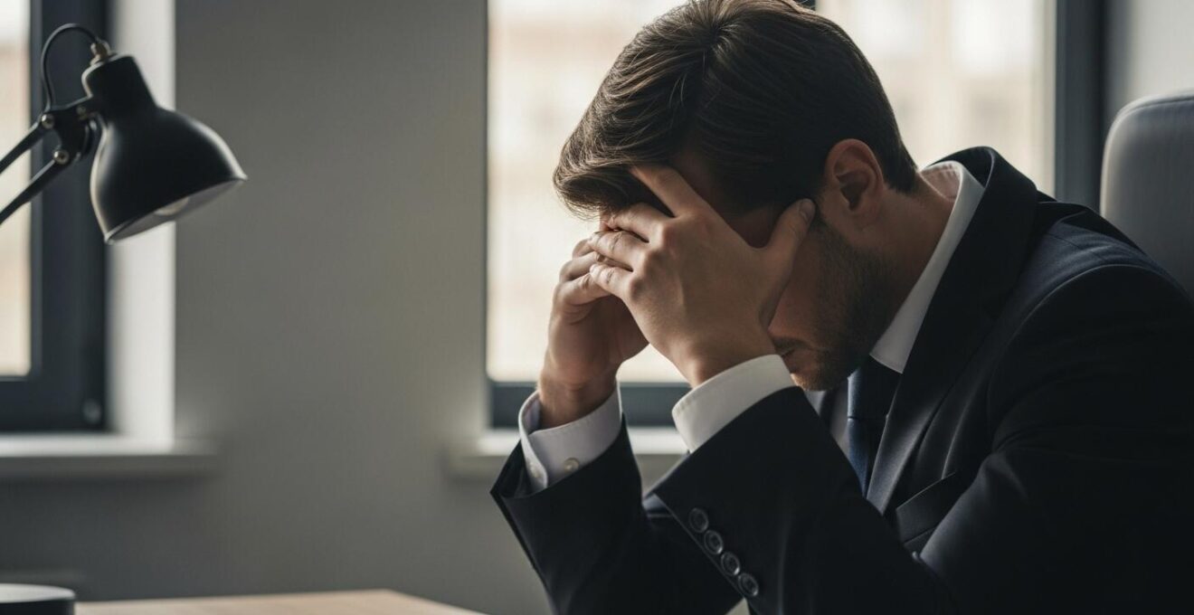 Photo émotionnelle d'un dirigeant seul dans un bureau sombre avec posture fatiguée