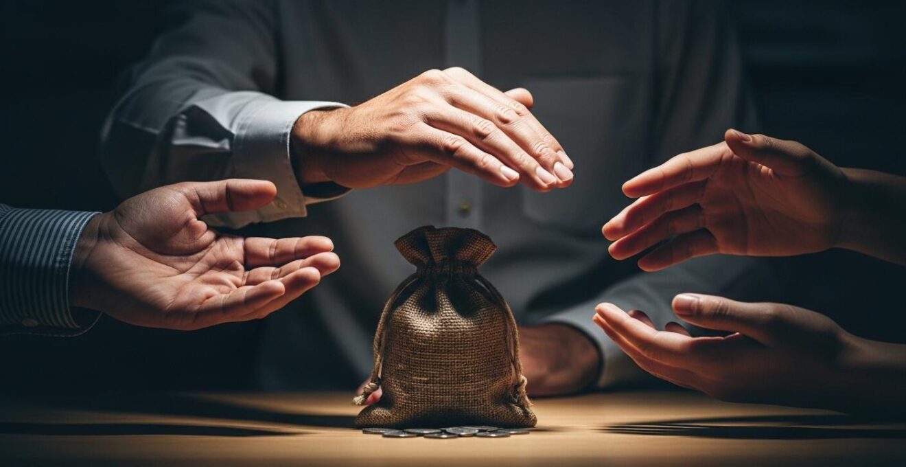 Photographie symbolique du rôle de séquestre montrant une main protégeant un sac d'argent entre deux mains prêtes à se saisir