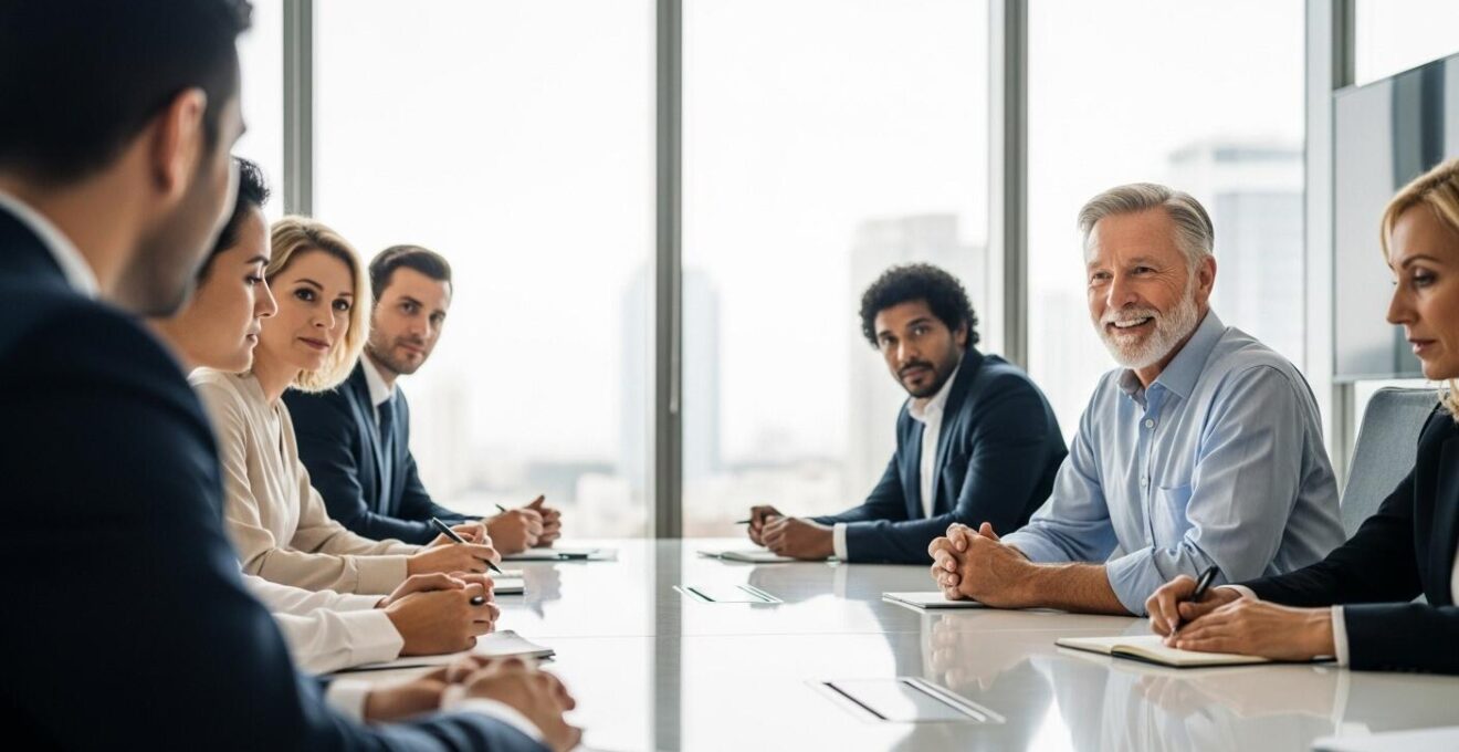Photographie réaliste montrant une réunion de conseil d'administration ou un investisseur engage le dialogue en confiance avec les dirigeants