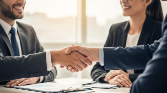 Deux personnes en train de se serrer la main après une négociation d'entreprise réussie