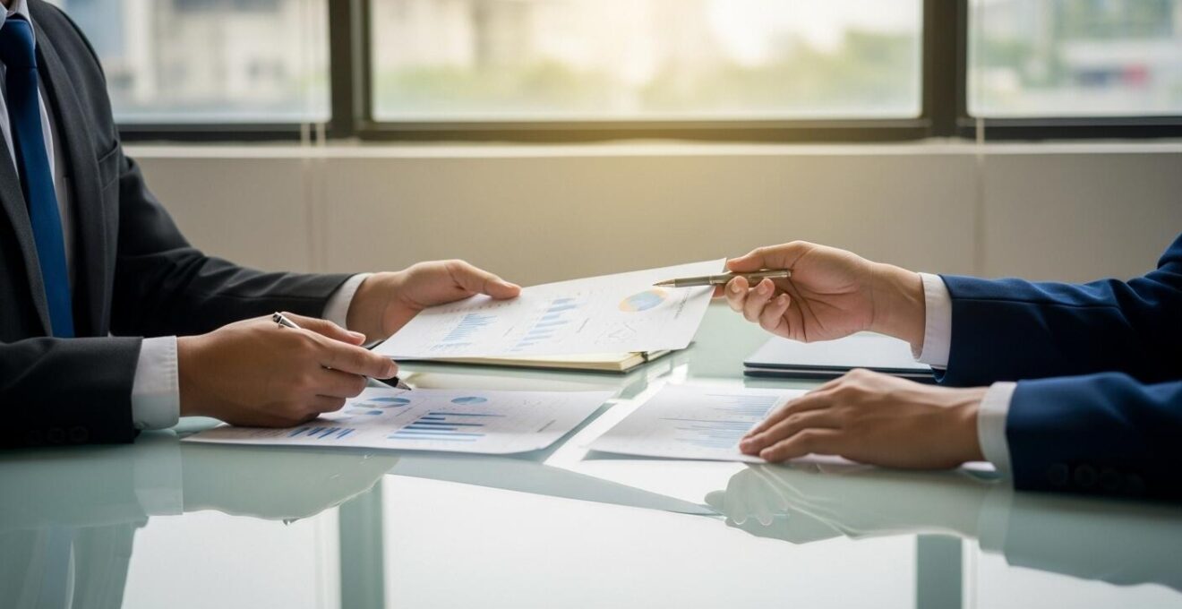 Une scène d'affaires montrant un échange intense entre deux professionnels entourés de documents financiers et graphiques, symbolisant la valorisation et la négociation d'une entreprise.