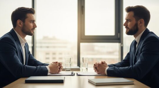 Image montrant deux personnes négociant autour d'une table de réunion, symbolisant la négociation du juste prix lors d'une reprise d'entreprise.