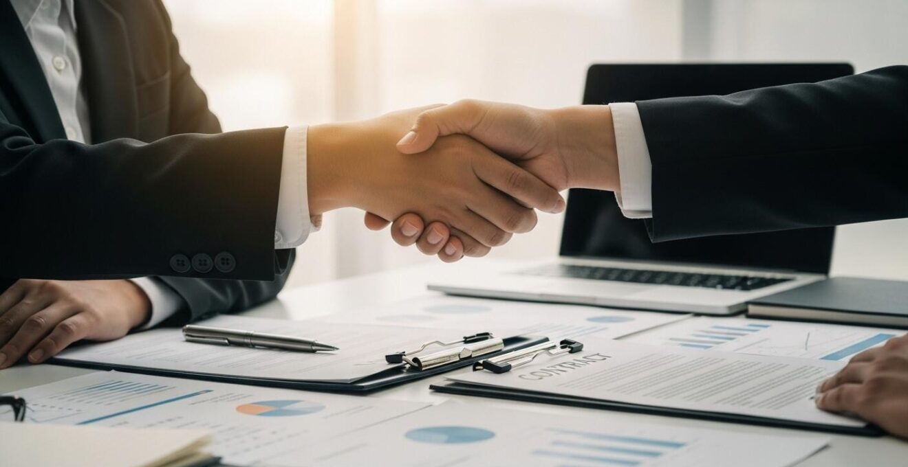 Photographie réaliste représentant la négociation du prix de cession d'une entreprise avec des personnes en réunion autour d'une table