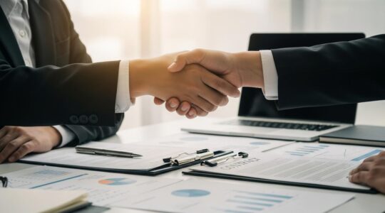 Photographie réaliste représentant la négociation du prix de cession d'une entreprise avec des personnes en réunion autour d'une table