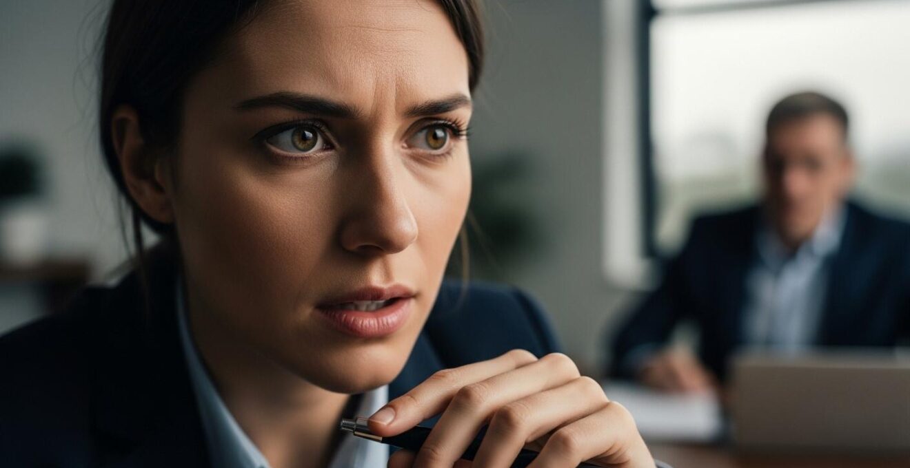 Gros plan sur un visage hésitant face à une décision, lumière dramatique, ambiance tendue.
