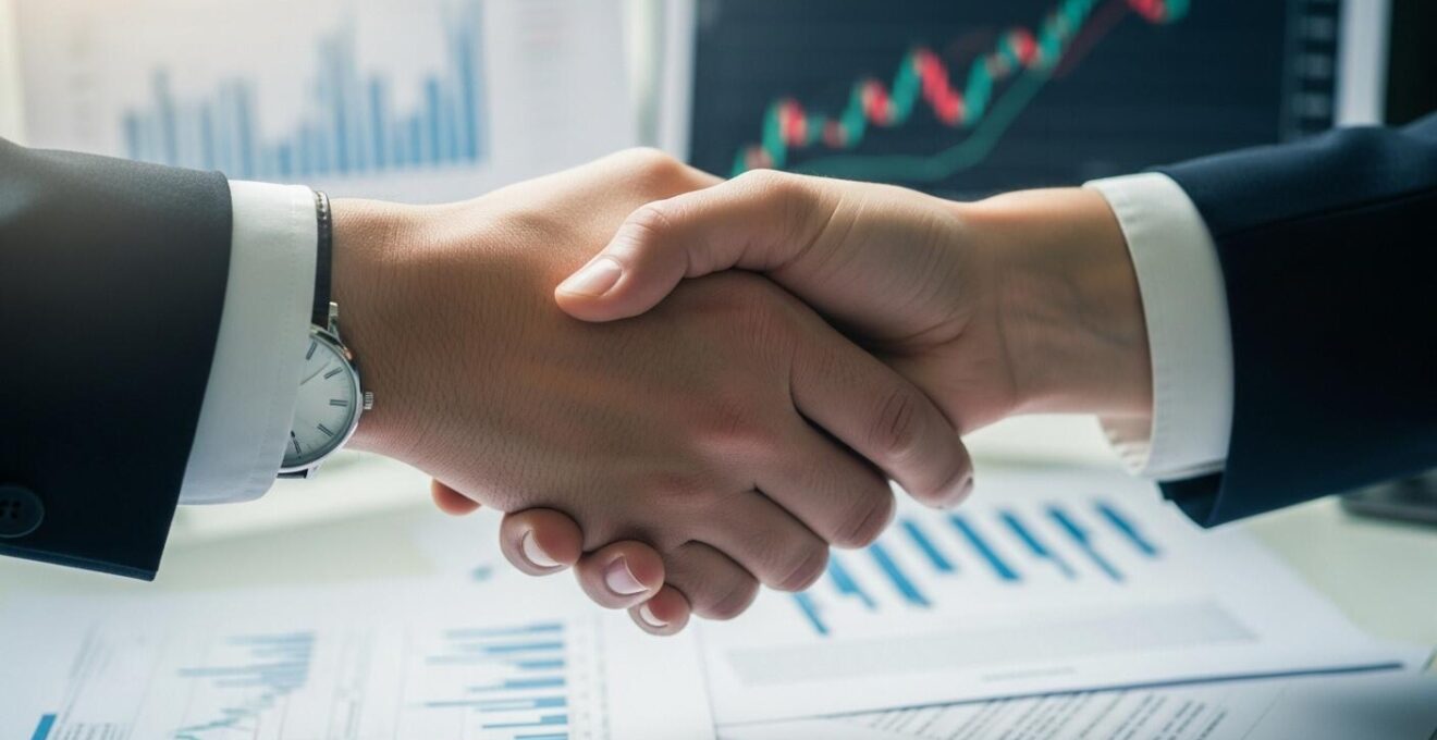 Poignée de mains symbolisant un partenariat stratégique en capital-investissement avec arrière-plan abstrait de graphiques financiers.