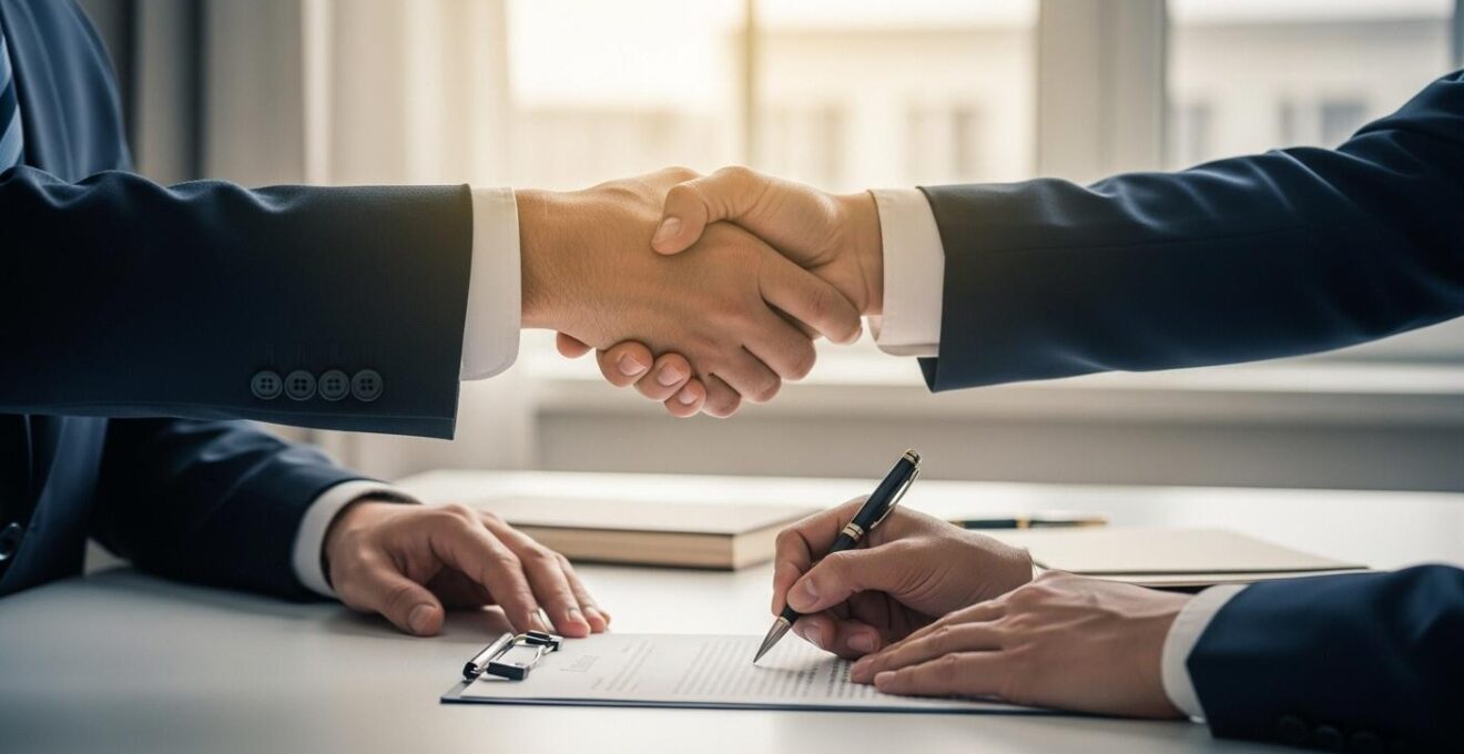 Image symbolique d'une passation de pouvoir lors d'un closing d'entreprise avec signature et poignée de main
