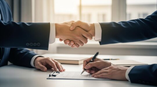 Image symbolique d'une passation de pouvoir lors d'un closing d'entreprise avec signature et poignée de main