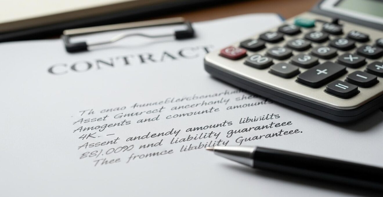 Illustration macro montrant un contrat et une calculatrice symbolisant le plafond, la franchise et la durée d'une garantie