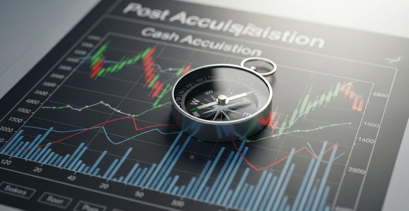 Une boussole stylisée placée sur un plan financier digital affichant des graphiques et chiffres, symbolisant la gestion et le pilotage de la trésorerie sur 12 mois