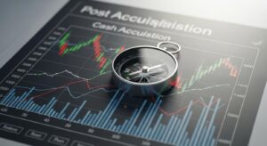 Une boussole stylisée placée sur un plan financier digital affichant des graphiques et chiffres, symbolisant la gestion et le pilotage de la trésorerie sur 12 mois