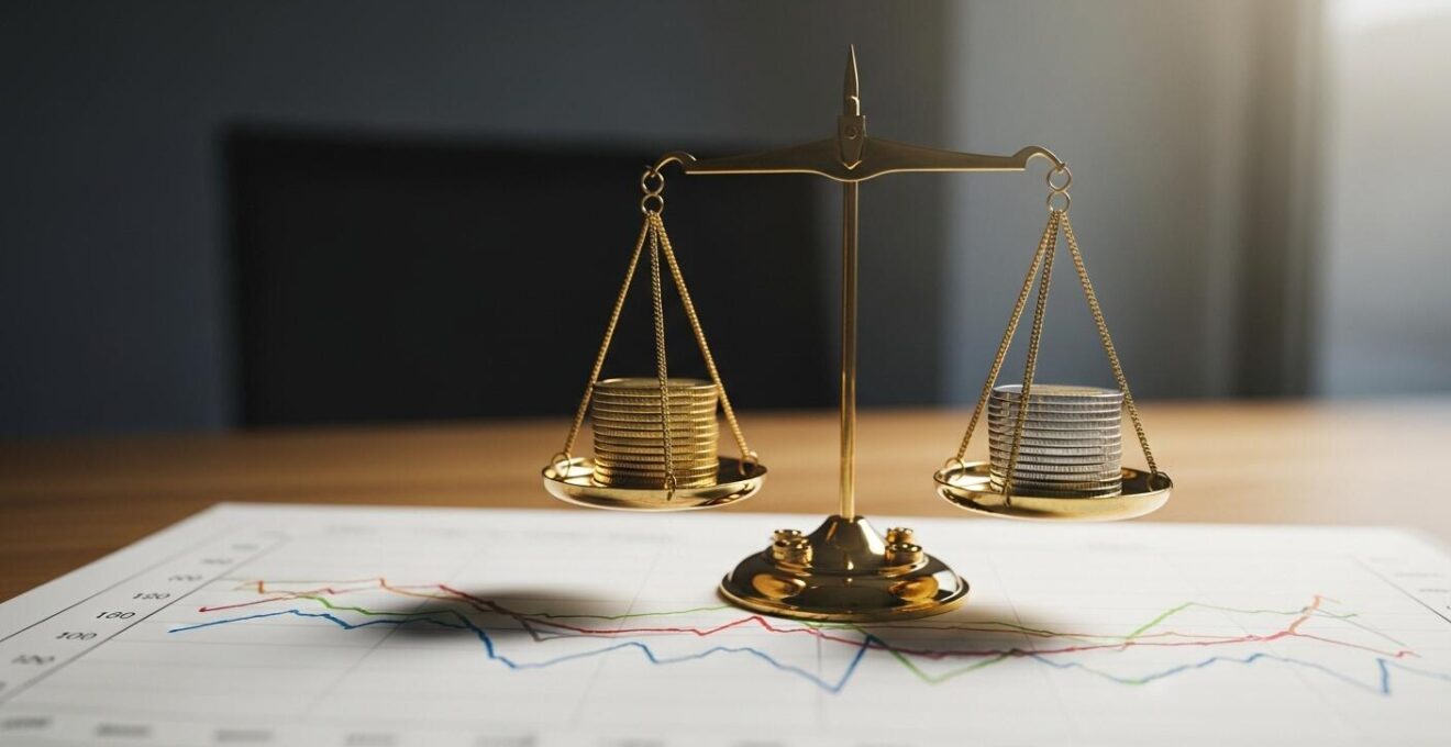 Balance symbolique posée sur un graphique linéaire montrant l'équilibre entre charges fixes et chiffre d'affaires.