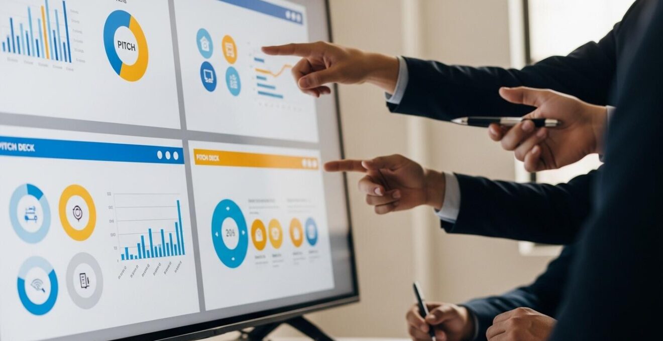 Personne présentant un pitch deck sur un écran lors d'une réunion d'investisseurs, avec graphiques visibles