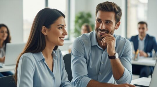 Photographie réaliste d'un dirigeant charismatique lors de ses premiers jours en entreprise, en interaction positive avec son équipe