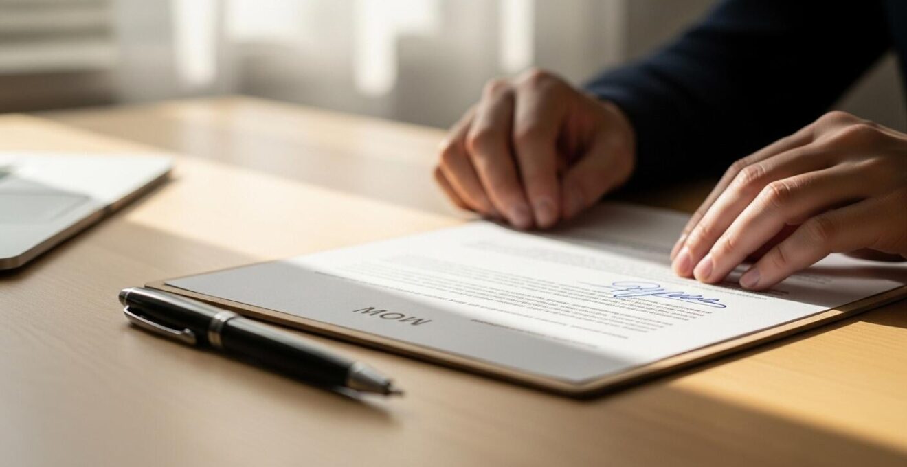 Document de protocole d'accord signé sur un bureau avec stylo et mains engagées