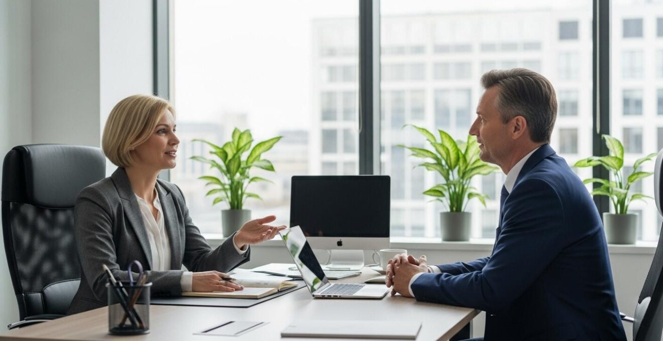 Photographie réaliste d'une rencontre professionnelle entre un nouveau dirigeant et son prédécesseur, échange respectueux