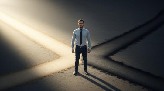 Photographie impactante d'un entrepreneur au croisement symbolique entre un chemin lumineux et un chemin ombragé